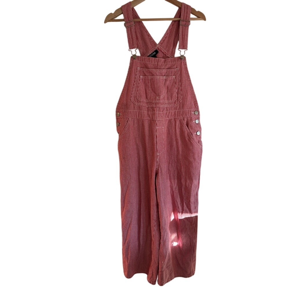 BACCINI Red White Pinstripe Wide Leg Denim Overalls Jumpsuit Women's Size Medium